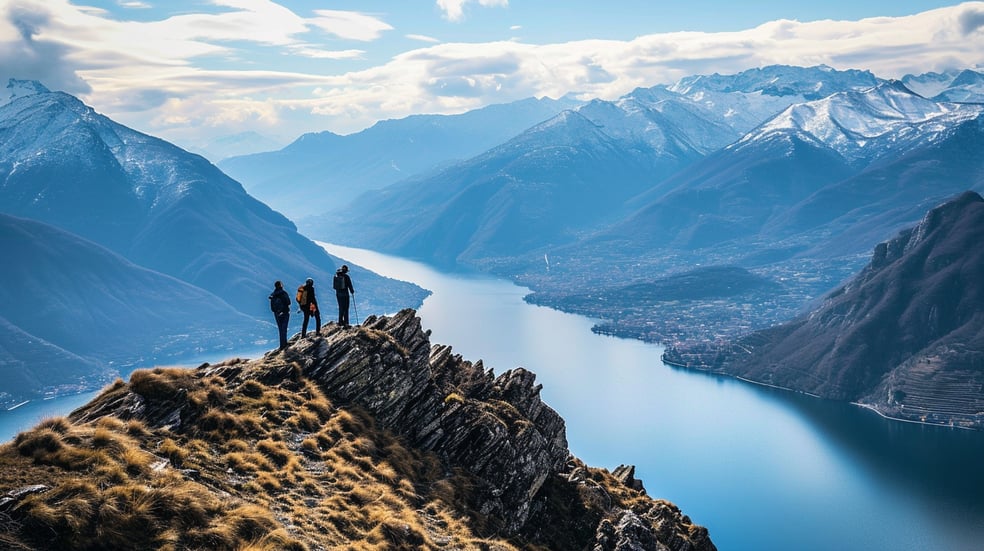 Three people standing on a mountain top with a view of a lake and mountains