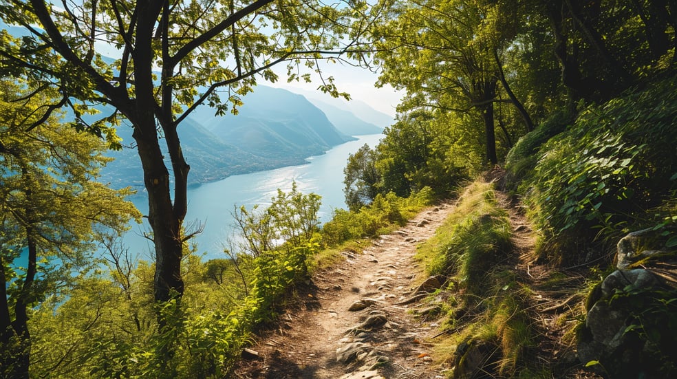 A trail leading to a mountain with a view of a lake