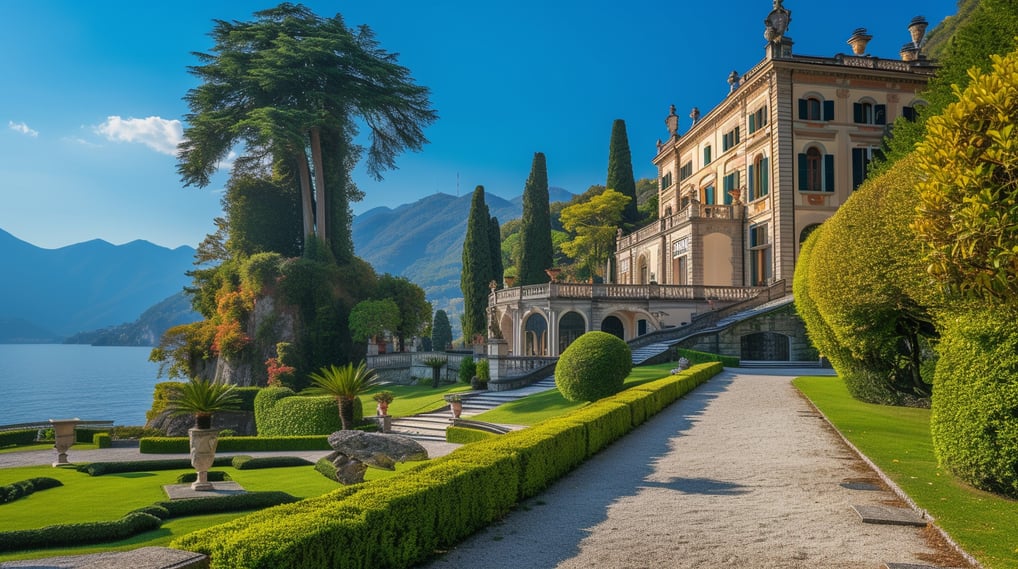 A historic villa with a long path with lake como on the background
