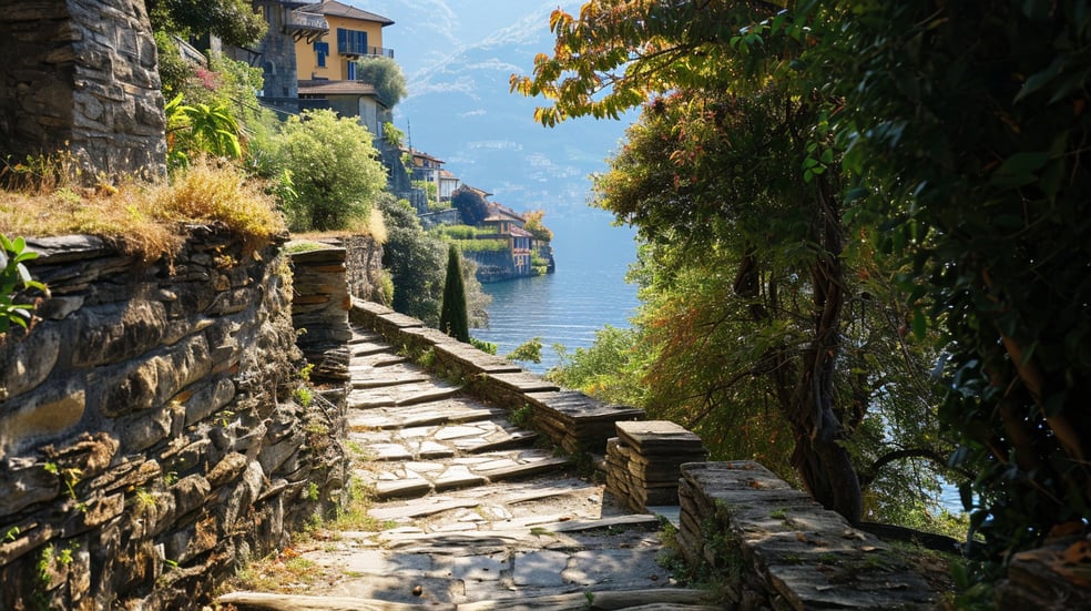 A stone path leading to a lake with a stone path