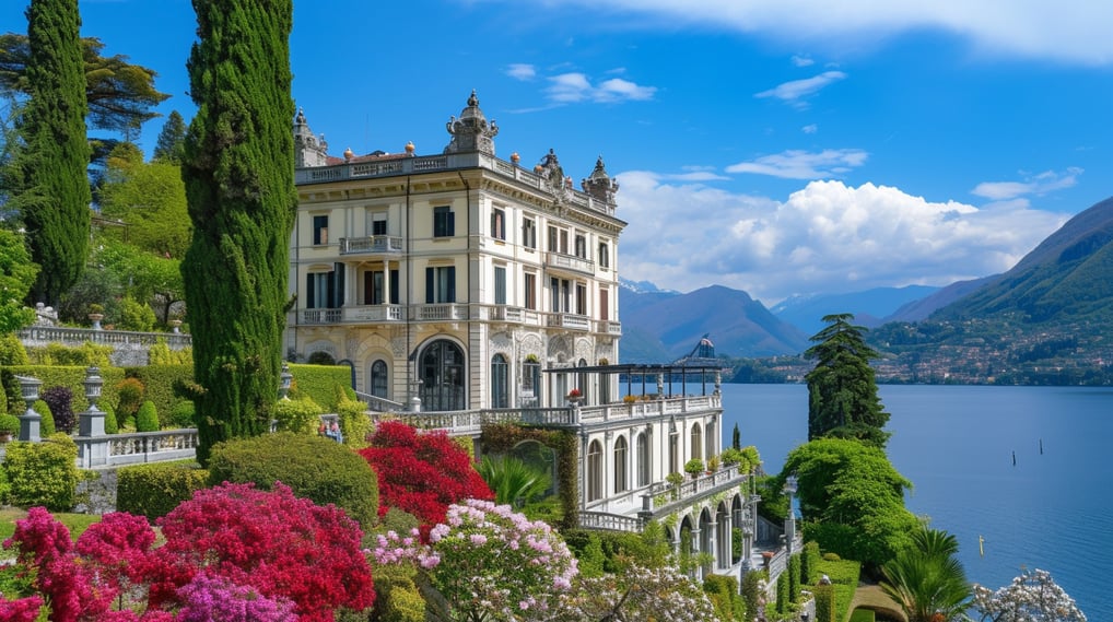 A historic villa with flowers in the foreground