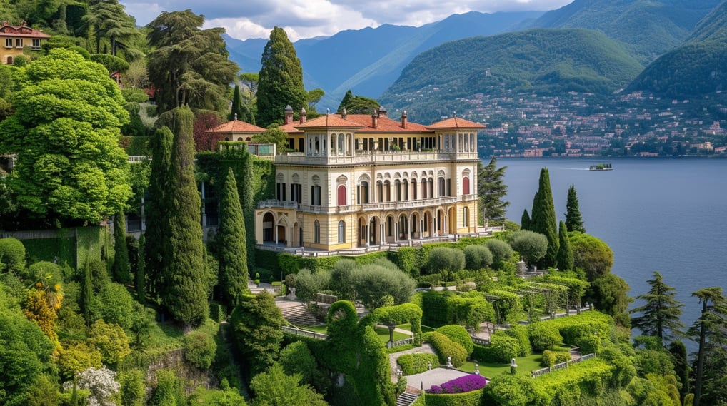 A historic villa surrounded by trees beside lake como