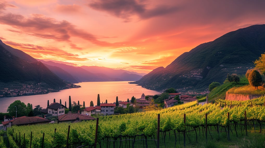 A beautiful sunset over a vineyard in lake como