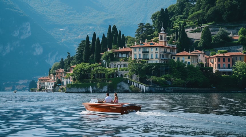 A couple on a boat sailing along lake como