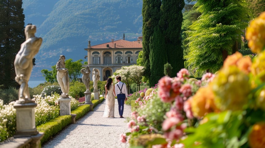 A couple walking down a path in a garden beside lake como