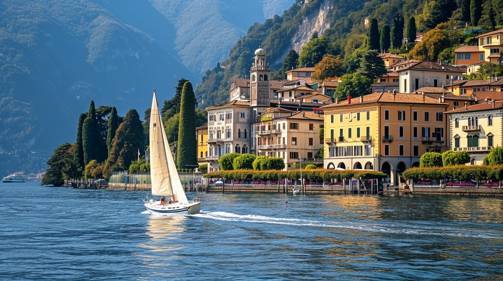 A sailboat sailing on the water in front of a mountain