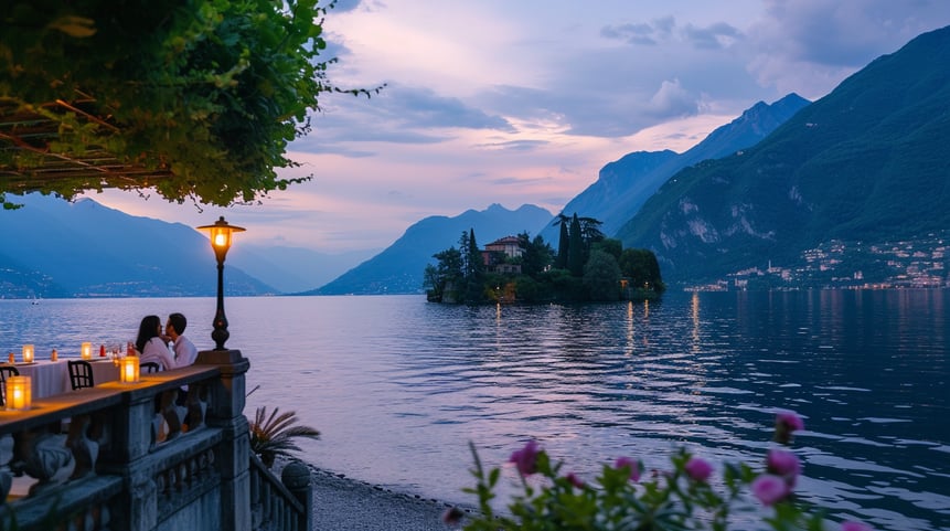 A couple sitting at a table with candles with the view of lake como