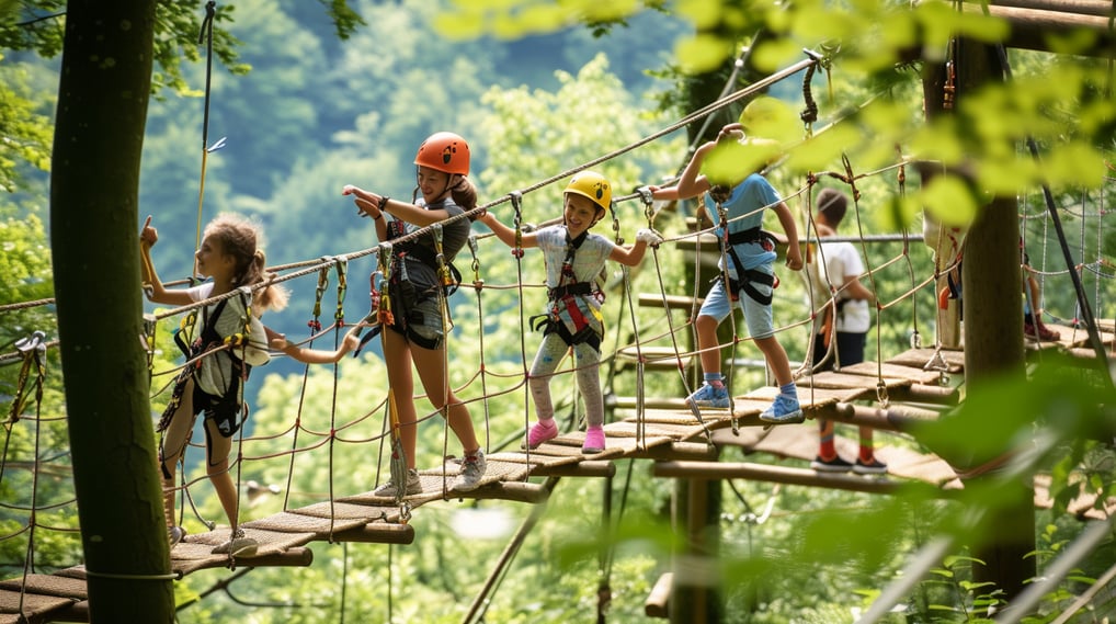 A group of children navigating rope bridges in lake como A group of children navigating rope bridges in lake como