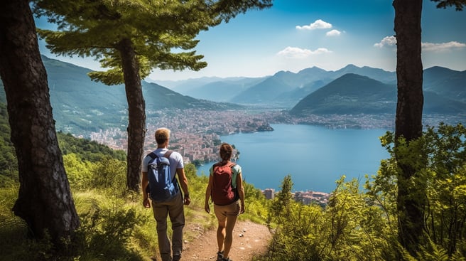 Two hikers on a trail near Menaggio, enjoying panoramic views of Lake Como