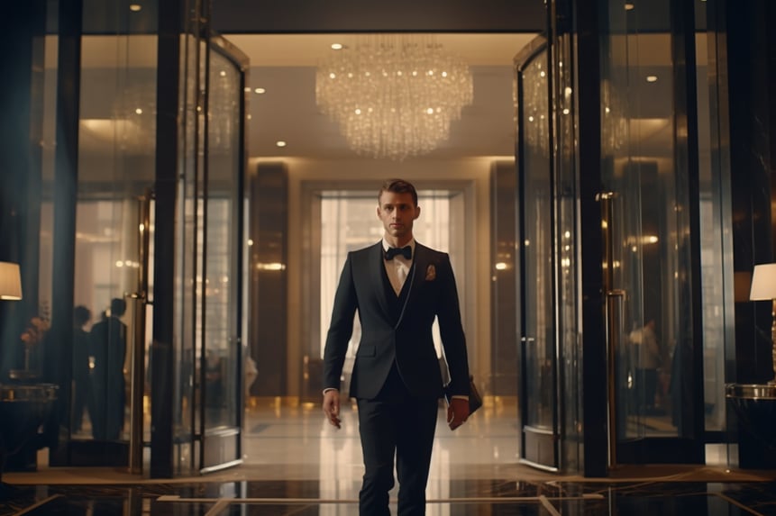 Guest walking out the glass door of an Anaheim luxury hotel