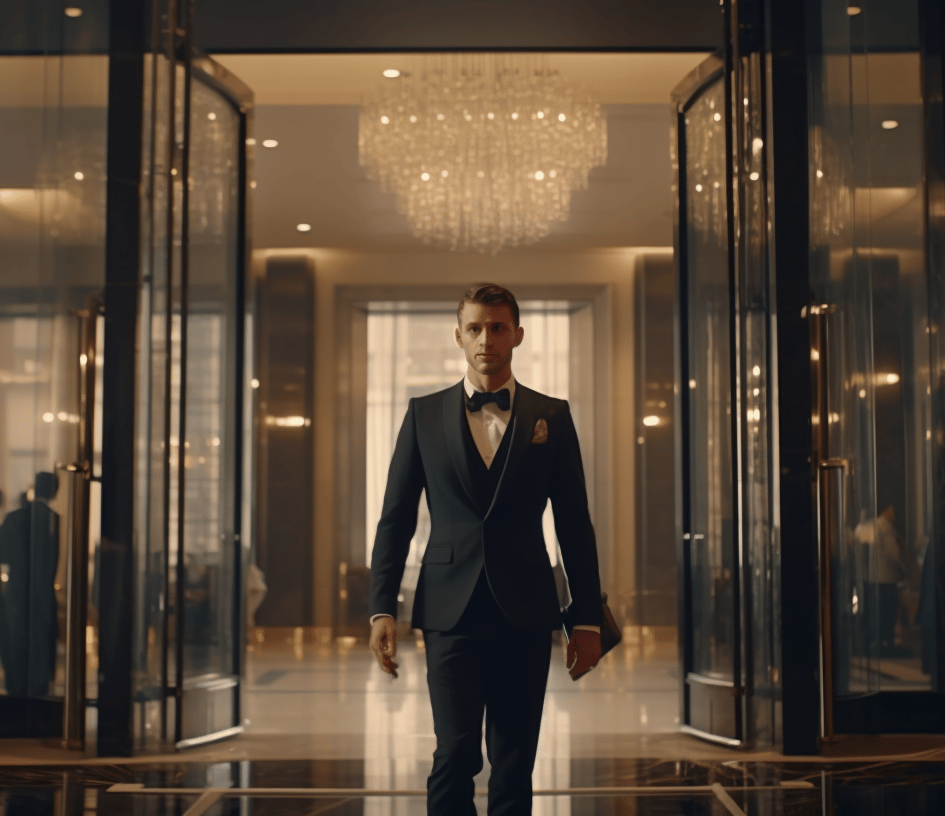 Guest walking out the glass door of an Anaheim luxury hotel