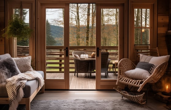 interior and front deck of a pet-friendly rustic cabin rental in Yosemite