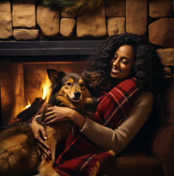 a woman and her pet dog relaxing by the fireplace of their pet-friendly rental cabin in Yosemite a woman and her pet dog relaxing by the fireplace of their pet-friendly rental cabin in Yosemite