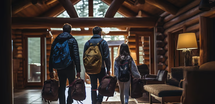 a family of three settling into their Yosemite National Park mountain cabin a family of three settling into their Yosemite National Park mountain cabin