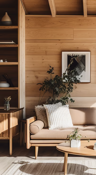 modern decor with warm neutral tones inside a rustic cabin in Yosemite