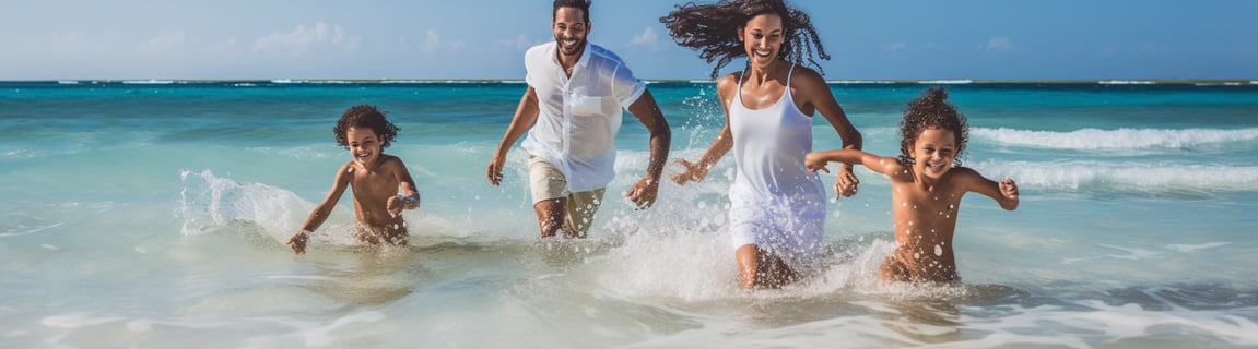 A family of four joyfully running in the ocean waves on a sunny day.