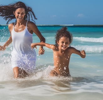 A woman and child joyfully running in the ocean waves on a sunny day.