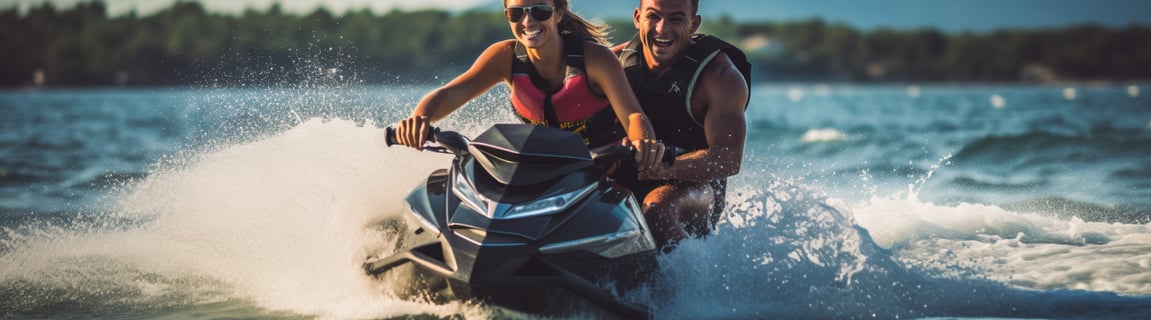A man and woman riding on a jet ski in the ocean.