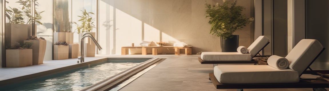 A spa room with two lounge chairs and a potted plant.