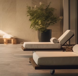 A spa room with two lounge chairs and a potted plant, creating a serene and relaxing atmosphere.