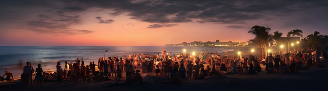 A group of people gathered on the beach at sunset, with the ocean in the background.