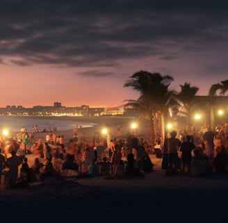 A group of people gathered on the beach at sunset, with the ocean in the background.