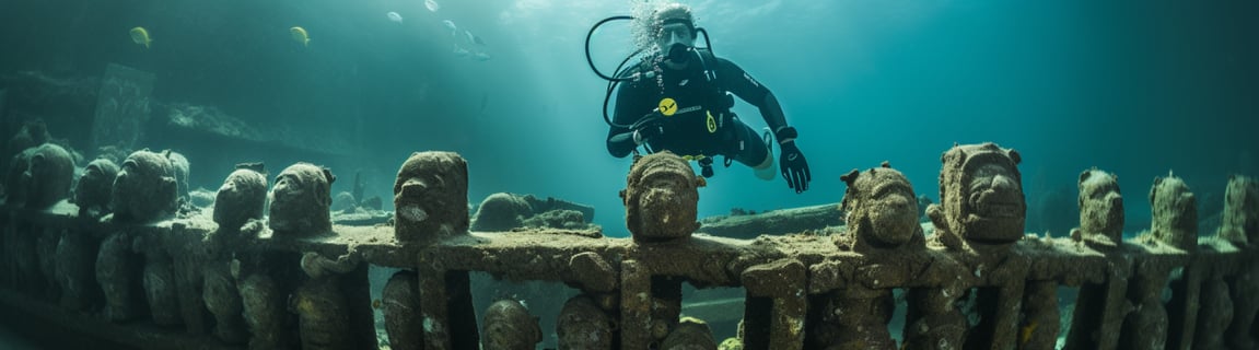 A scuba diver standing next to a large pile of statues underwater.