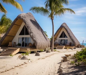 Colorful beach huts lined up along the sandy shore, with the ocean in the background.