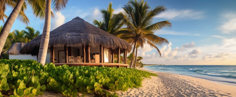 A serene tropical beach with a thatched hut nestled among palm trees.