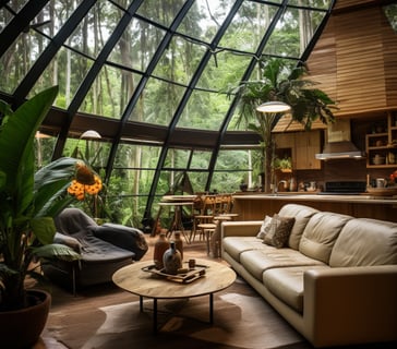 A modern living room with a glass dome ceiling, allowing natural light to illuminate the space.