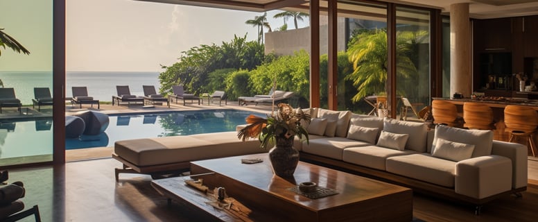 A modern living room with a pool inside, overlooking a stunning view of the city skyline.