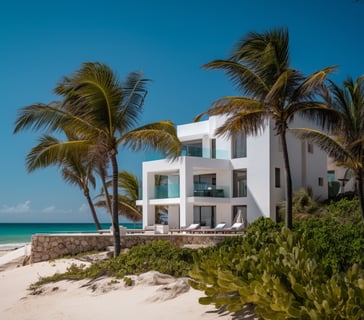 Beach house at Mexico beach club, overlooking the ocean with palm trees and lounge chairs on the sand.