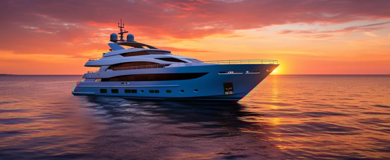 A luxurious yacht sailing on calm waters during a beautiful sunset.