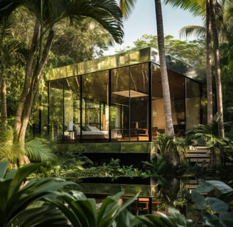 A modern glass house nestled in a vibrant garden setting.