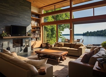 Luxurious Living Room Overlooking Tranquil Lake
