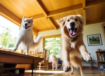 Joyful Dogs Playing in a Sunny Home Interior