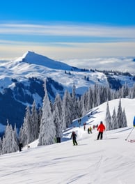 Skiing Adventure Amidst Snowy Peaks and Clouds