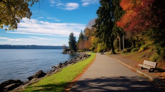 Scenic Autumn Walkway by the Lake in Point Defiance