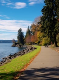 Scenic Autumn Walkway by the Lake in Point Defiance