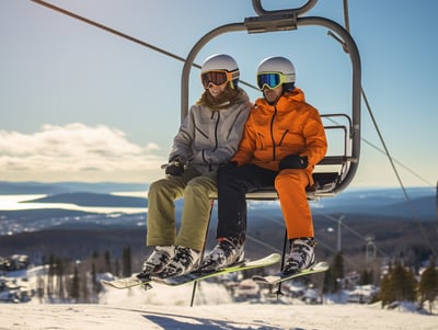 two vacationers on a ski lift in the snowy Gulmarg area in India two vacationers on a ski lift in the snowy Gulmarg area in India