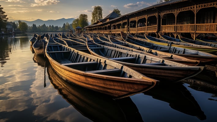 rentable gondolas parked by a traditional boat house in Dal Lake, Srinagar, India rentable gondolas parked by a traditional boat house in Dal Lake, Srinagar, India