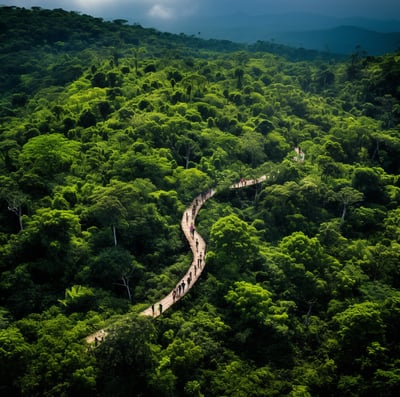 a long winding path in the middle of a forest