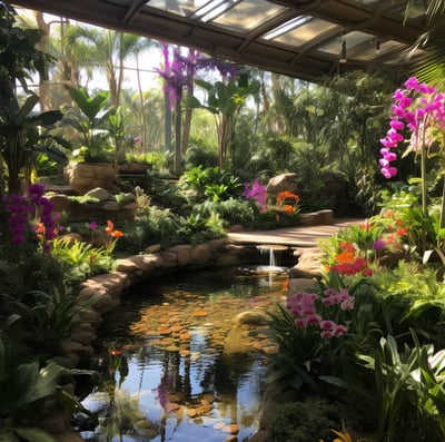 a flower garden with a small pond at the middle