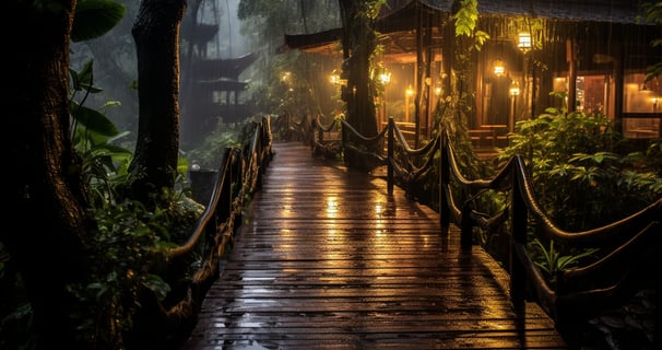 a wooden bridge with a wooden walkway and a wooden walkway