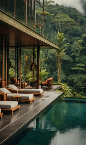 a pool with lounge chairs and a mountain view