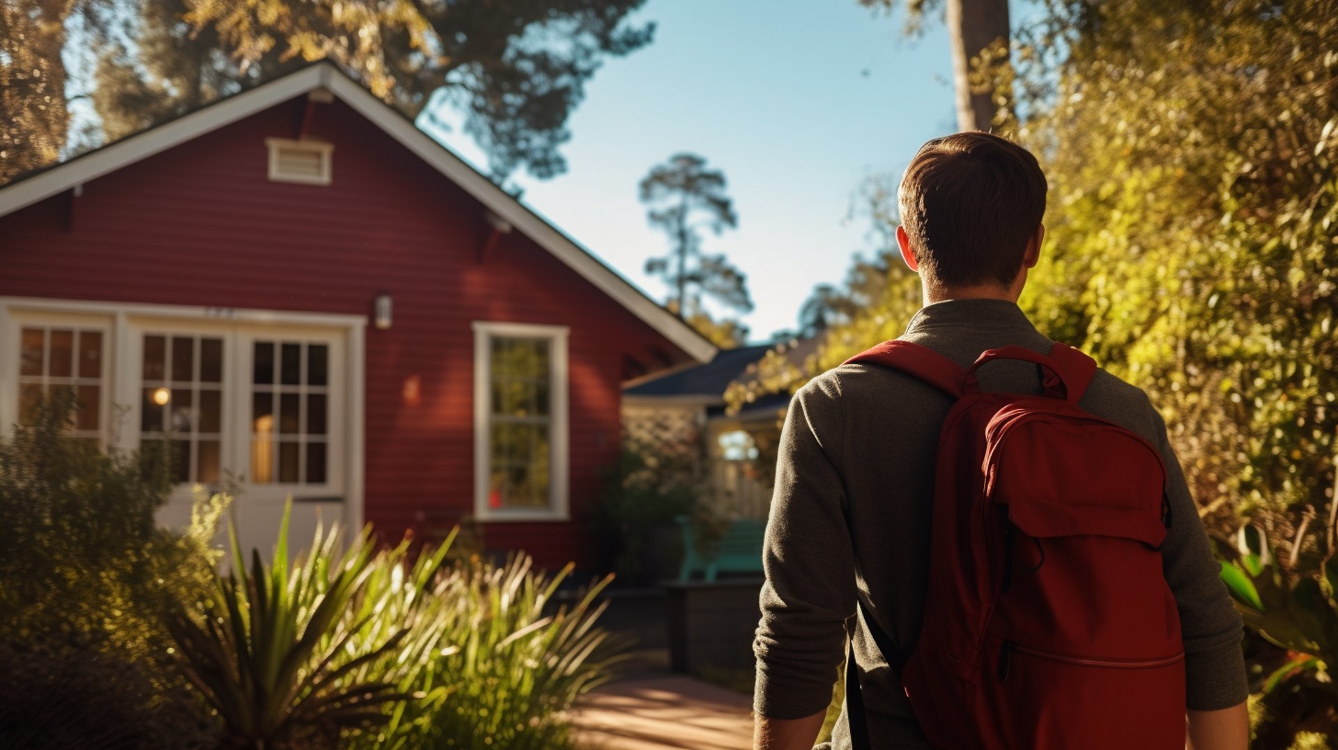 Close up shot of a traveler in front of a cabin