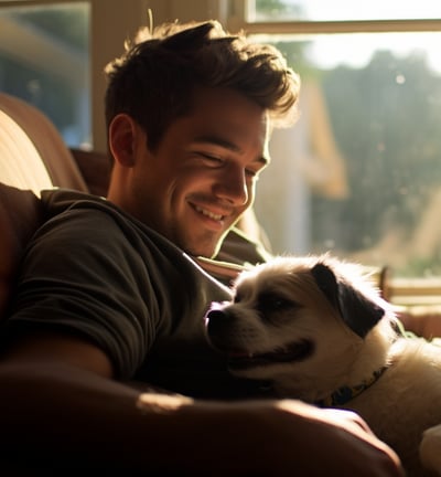 a man sitting on a couch with a dog