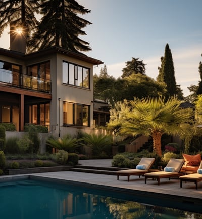 a house with a pool and lounge chairs