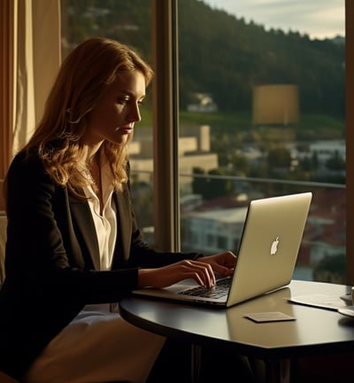 a woman sitting at a table with a laptop