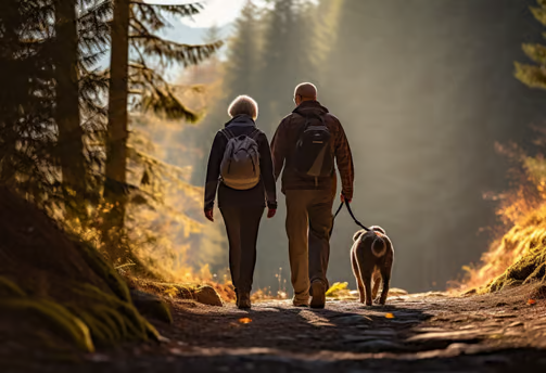 an old married couple hiking with their dog in Anderson Island, WA an old married couple hiking with their dog in Anderson Island, WA